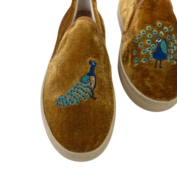 Soludos Women's Velvet Gold Embroidered Peacock Slip-On Shoes Size 7 - Picture 2 of 10